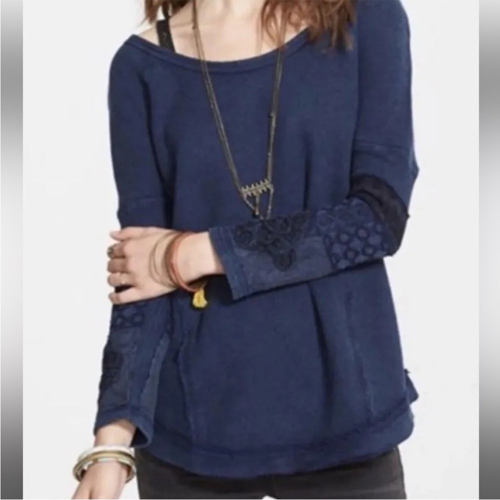 Free People You Don’t Own Me Tunic Blue Top Embellished Size XS